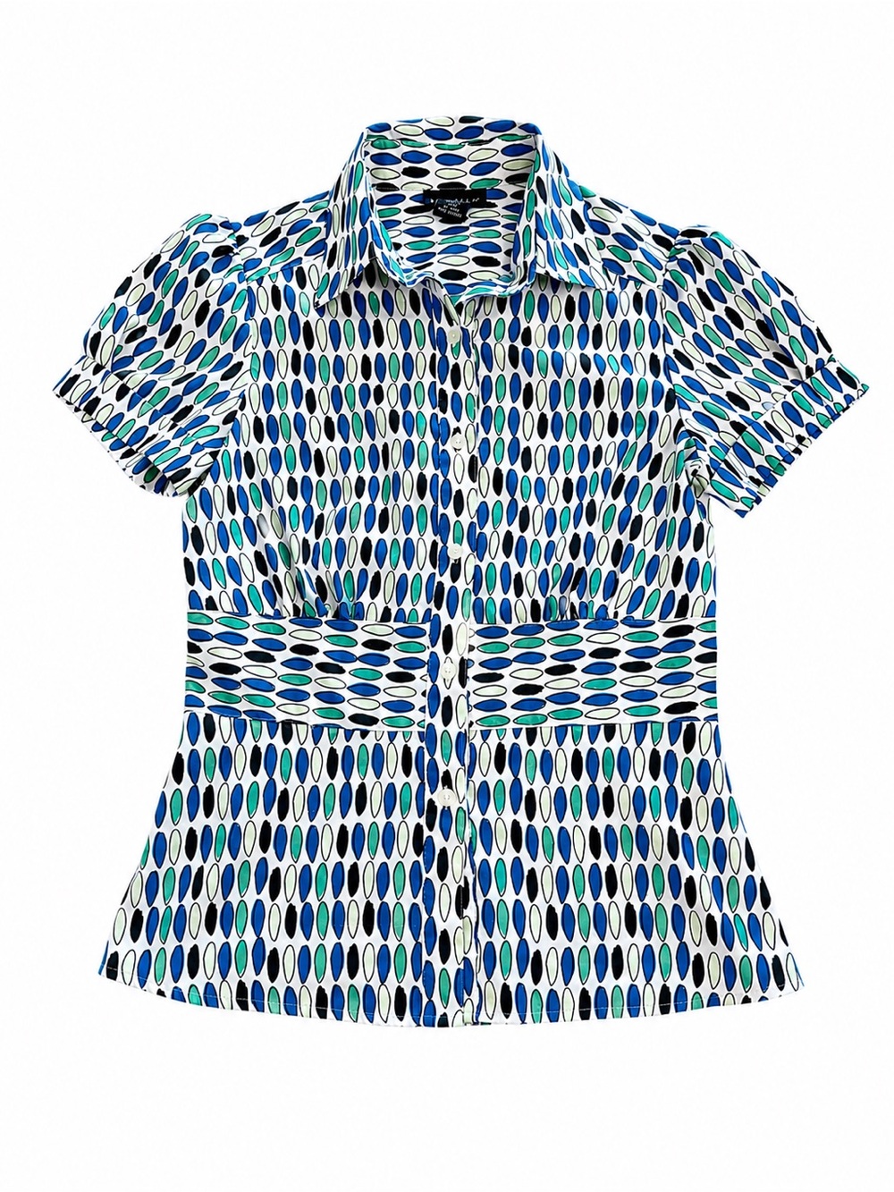 RAFAELLA GEOMETRIC RETRO BLOUSE WOMENS SMALL BLUE GREEN WHITE PUFF SLEEVE